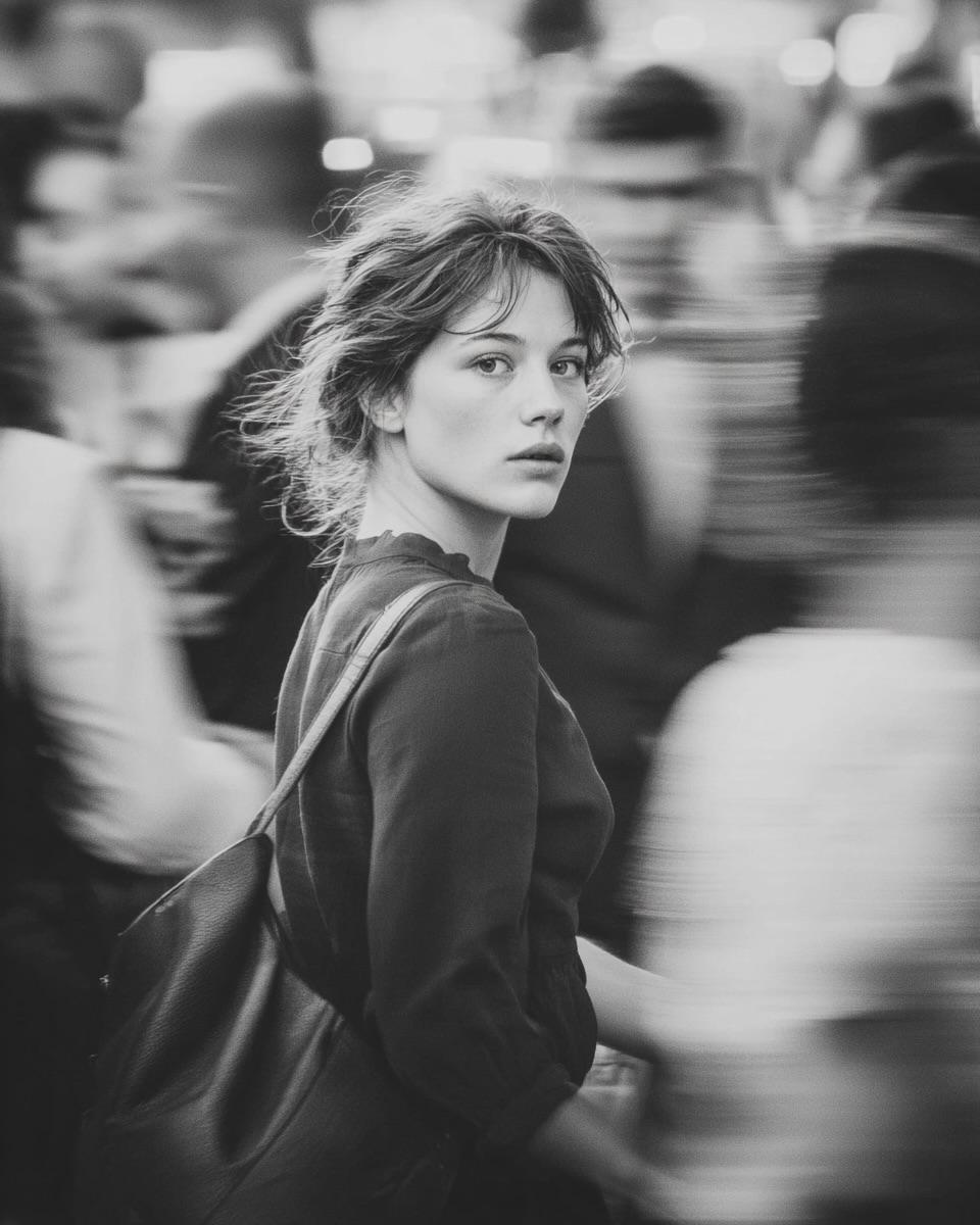 A cinematic street portrait of a young woman walking through a busy c…