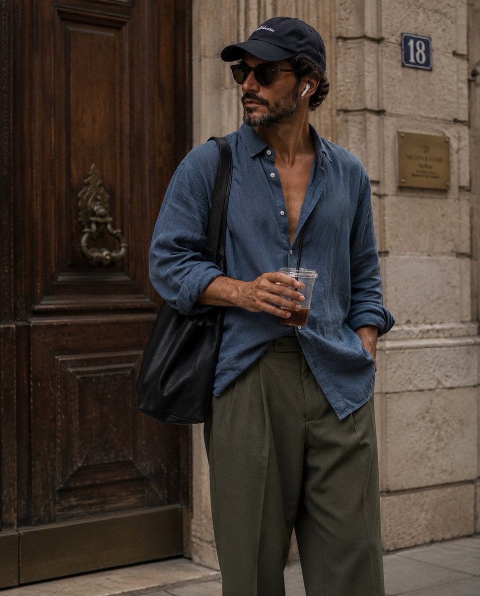candid street-style fashion photograph of a stylish young man standing casually outside a vintage European bu…