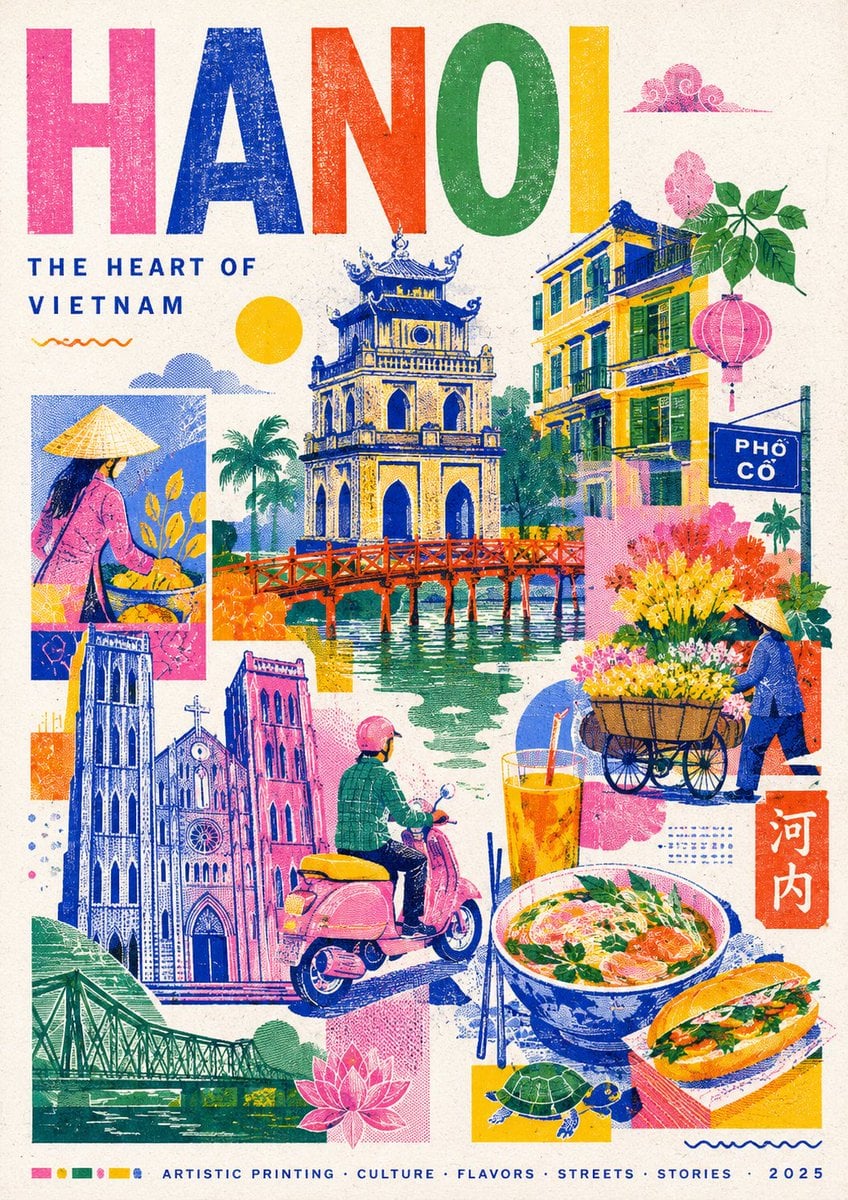 Create a stylish modern travel poster inspired by risography about [D…