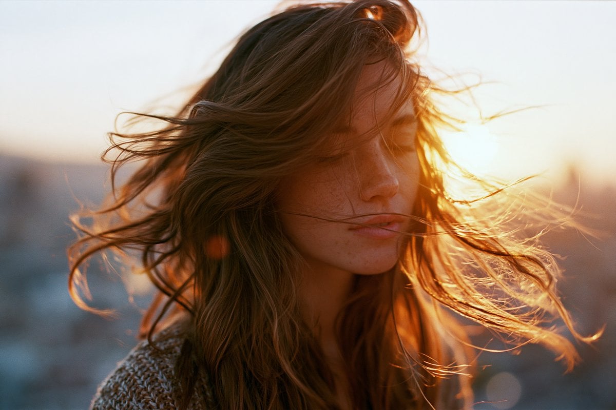 Photo of a woman's long hair blowing in the wind on a Barcelona rooft…