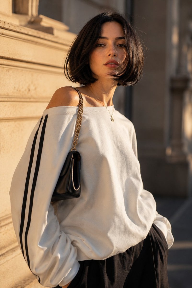 A cinematic portrait of a young woman with a sleek black chin-length…