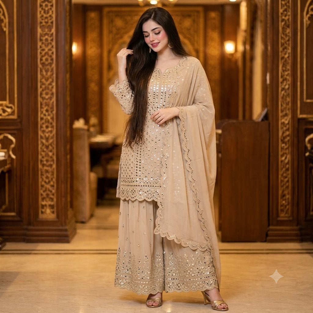 Create A beautiful woman with hips touching brown hair, wearing a Zee…