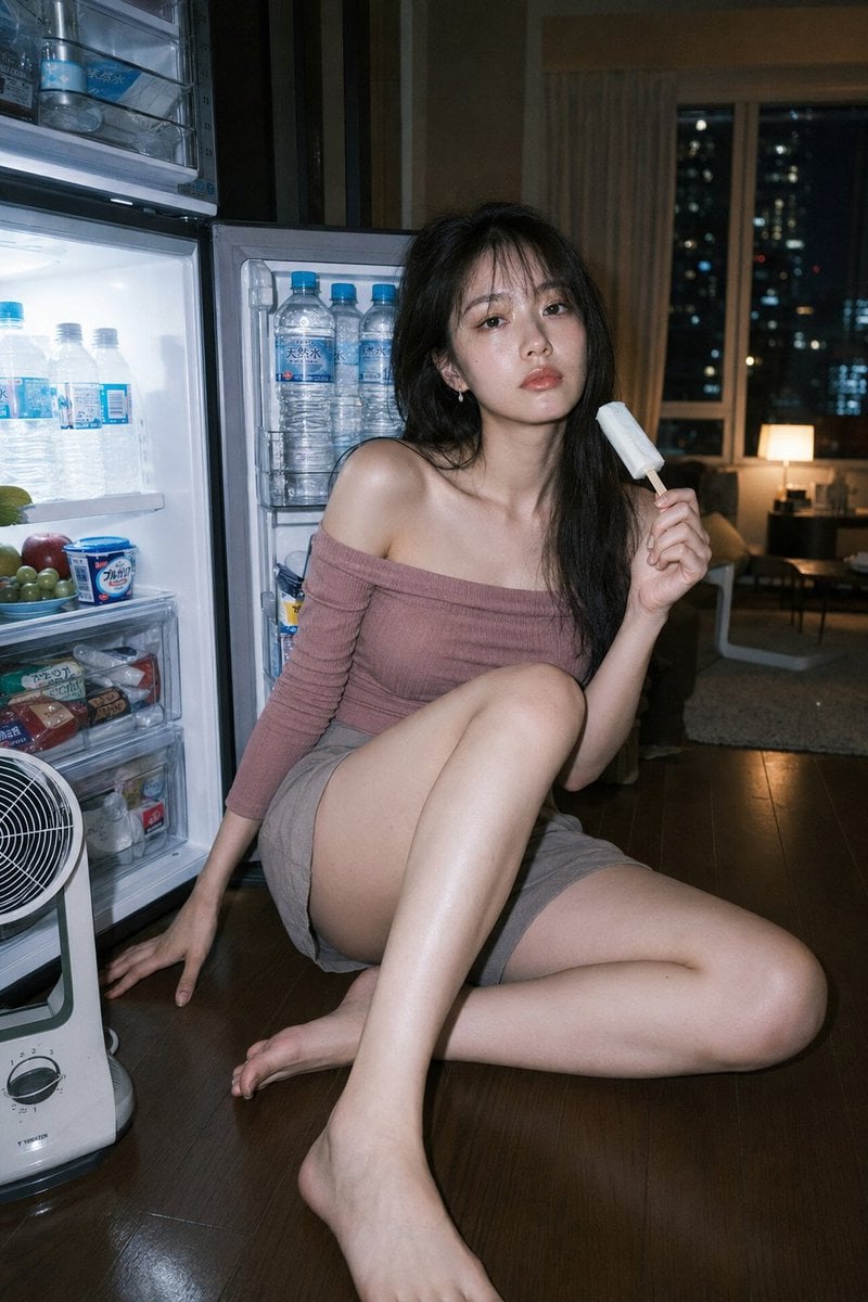 Photorealistic modern Tokyo apartment portrait, direct on-camera flas…