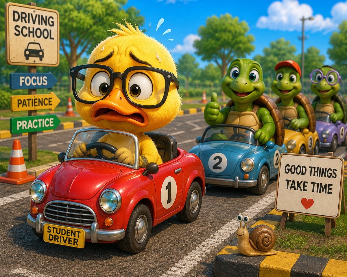 A nervous duck wearing oversized glasses attempts its first driving l…