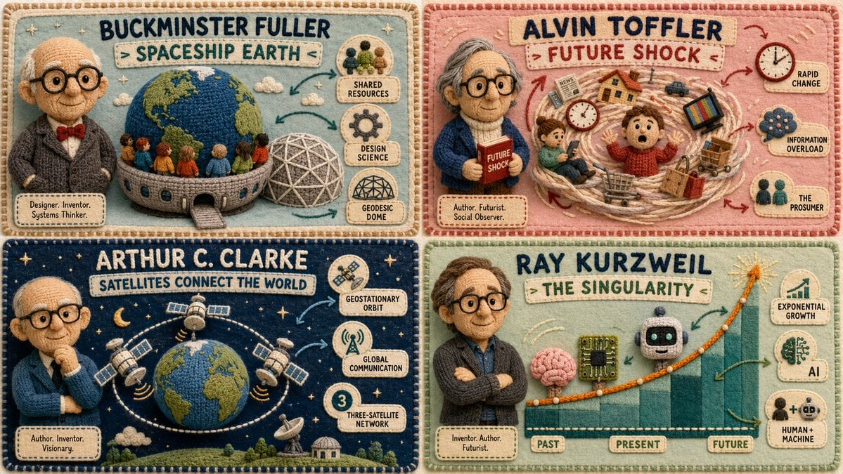 2x2 grid, do this for 4 futurists and their ideas, 16:9 Style = { <plush_history_pop_chart> MEDIUM: Cozy knit…