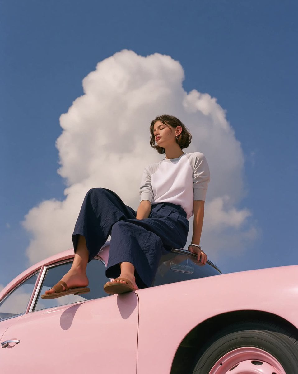 A dreamy editorial fashion photograph of a minimalist young woman sitting gracefully on the roof of a vintage…