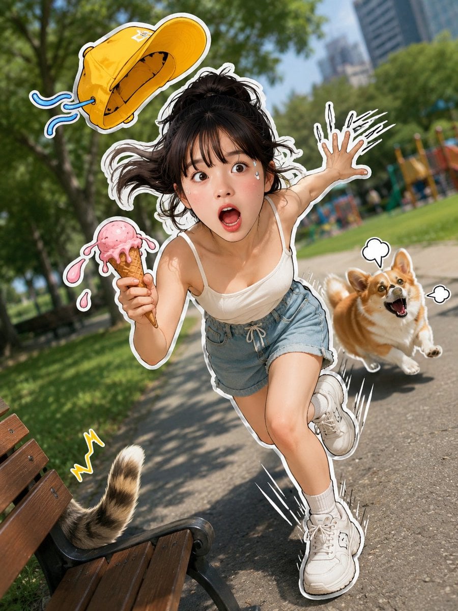 A vibrant and humorous 3D-style sticker design superimposed onto a real-life photograph of a sunny city park…