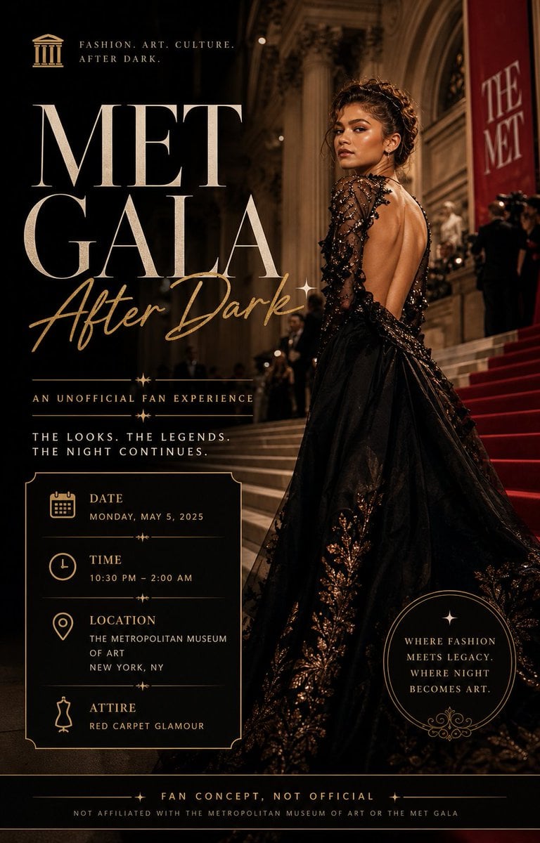 Create a luxury event poster for an unofficial "Met Gala After Dark" concept, elegant Metropolitan Museum of…