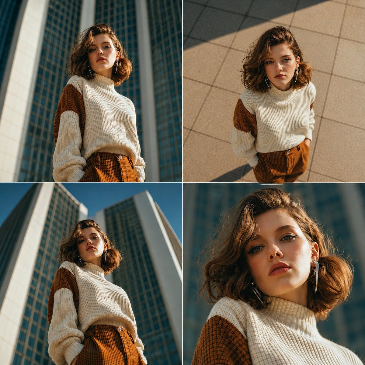 A low-angle, dramatic worm's-eye view shot of a stylish young woman l…