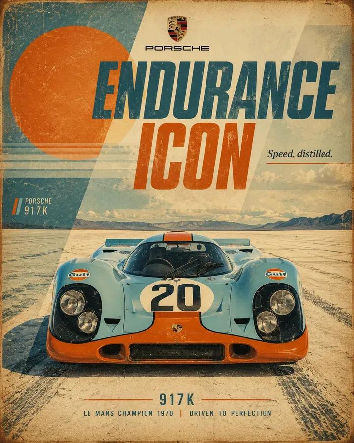 Retro motorsport poster for [CAR], 4:5 vertical. Show a front-facing…