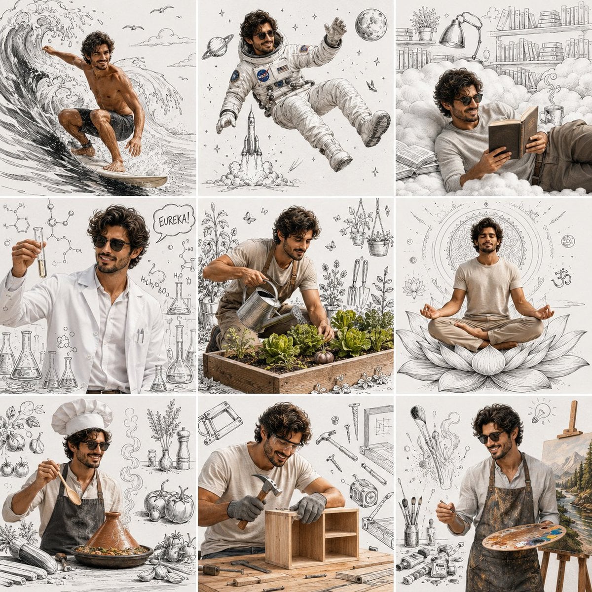 Create an ultra-realistic 3×3 editorial lifestyle collage featuring the same mature male portrayed (uploaded…