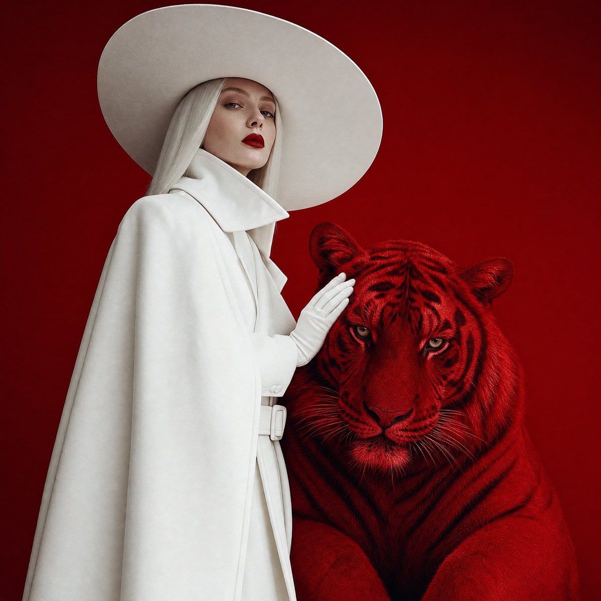 Surreal fashion editorial portrait, woman in full white wide-brim hat and long structured white coat, platinu…