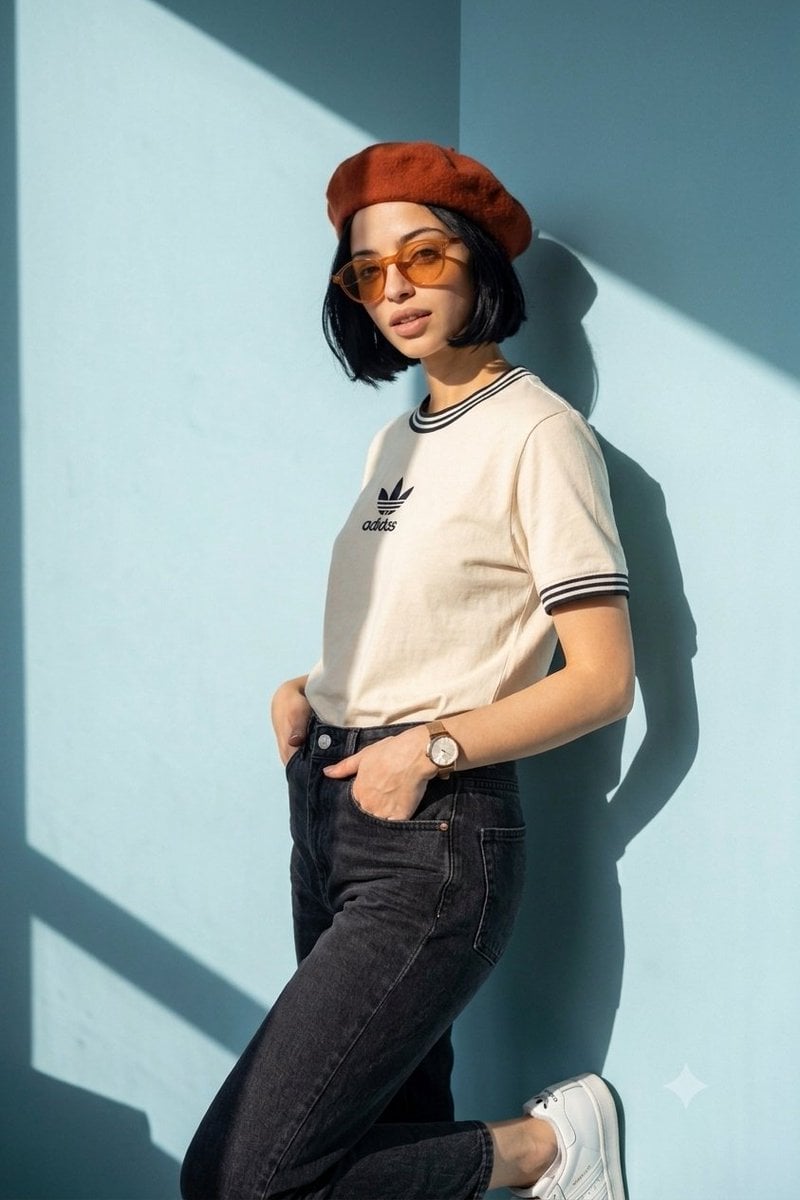 A minimalist fashion editorial portrait of a woman with a sharp black bob haircut, preserving a consistent fa…