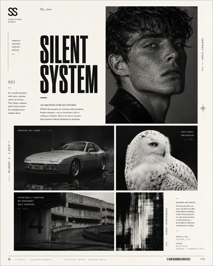 Avant-garde graphic design poster page, elegant editorial layout, off…