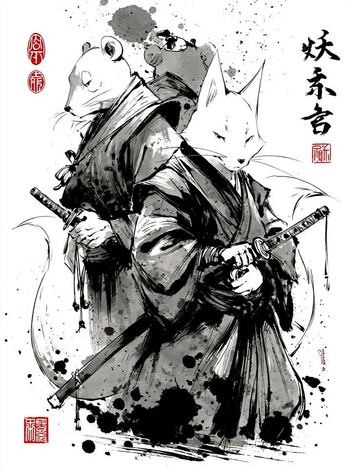 Masterpiece Japanese sumi-e ink wash illustration of two anthropomorp…