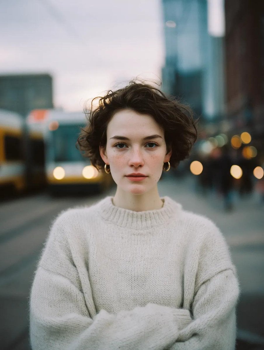 Cinematic, intimate portrait of a young woman with short dark wavy ha…