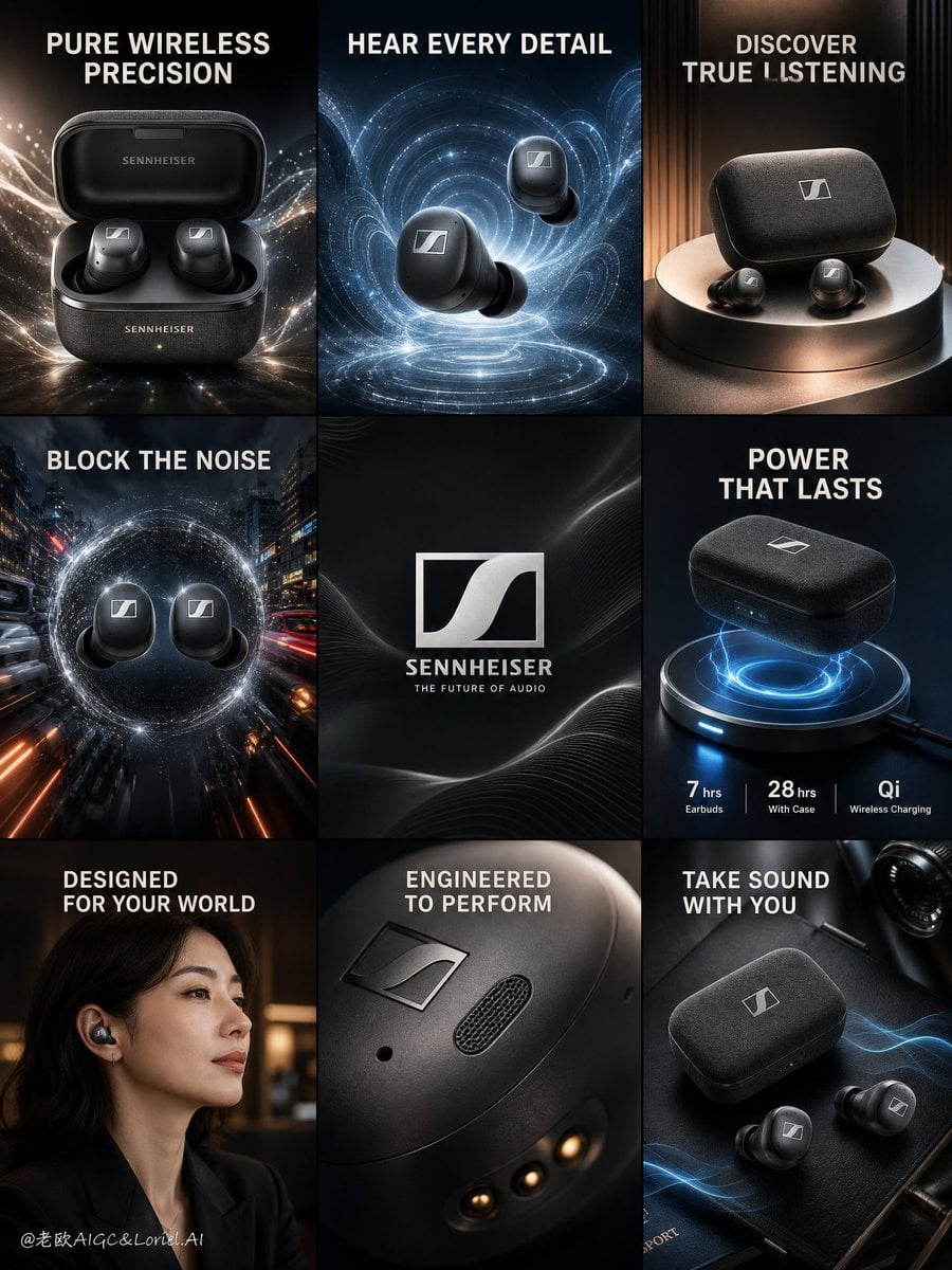 Ultra-detailed premium advertising collage for Sennheiser Bluetooth e…