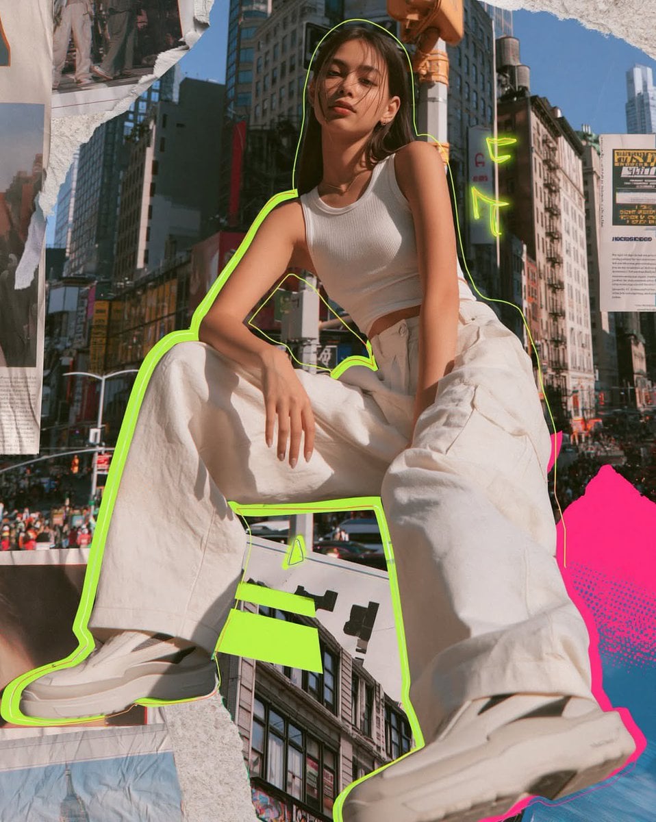 Photorealistic mixed media fashion collage of a cool young woman in a…