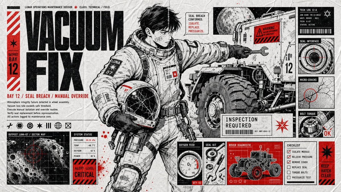 漫画行动档案海报，16:9横版——泛黄褶皱的牛皮纸背景；精细的黑墨水漫画插画，采用网点点缀，描绘[职业+任务]正在行动中的瞬间，绝无摆拍；…