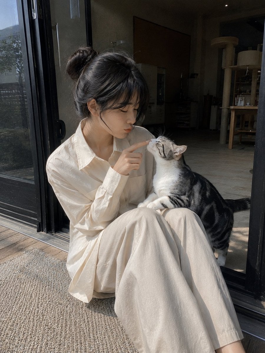 A candid mobile photo of a young East Asian woman sitting at the door…