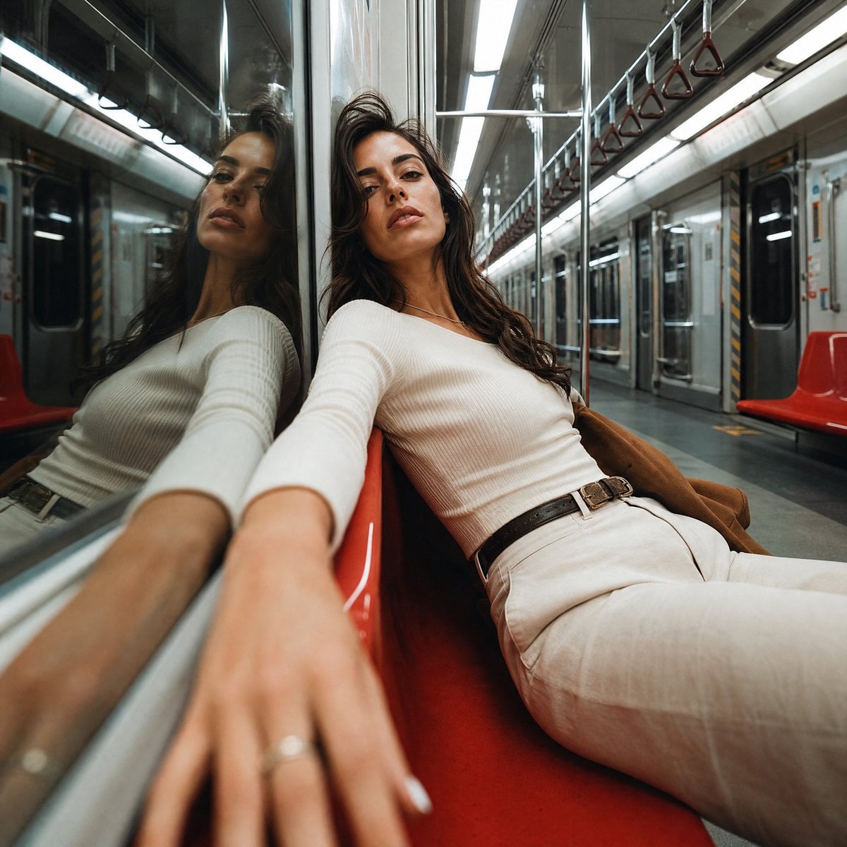 Aspect Ratio 1:1. A high-end Vogue-style fashion photograph inside a…