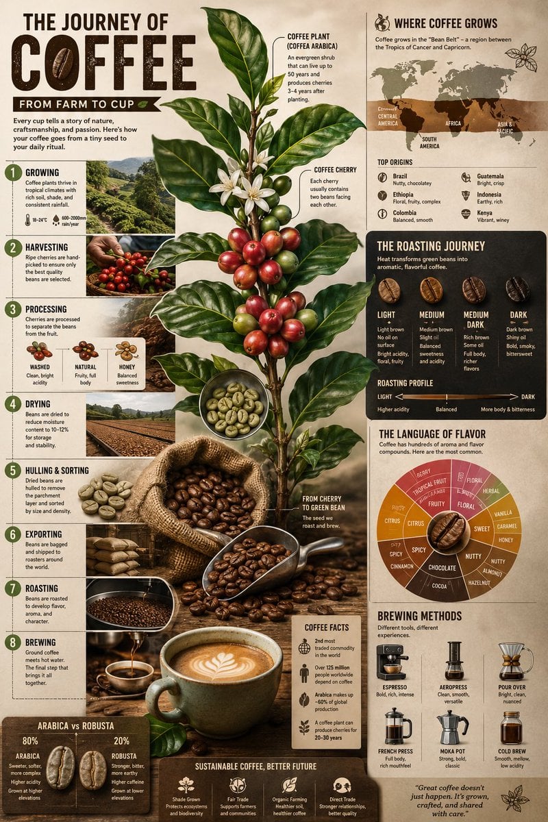 Create a visually rich infographic showing the journey of coffee from…