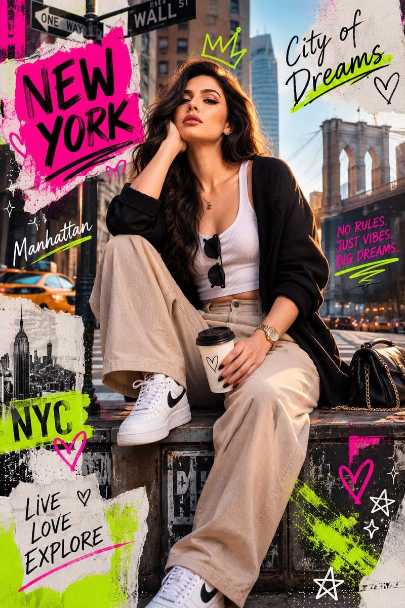 Photorealistic mixed media fashion collage of a cool young woman in a…