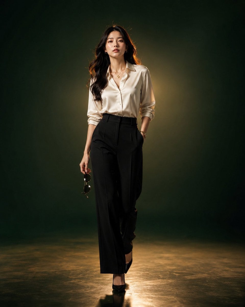 An ultra-premium luxury fashion editorial portrait of a beautiful young East Asian woman with long, naturally…