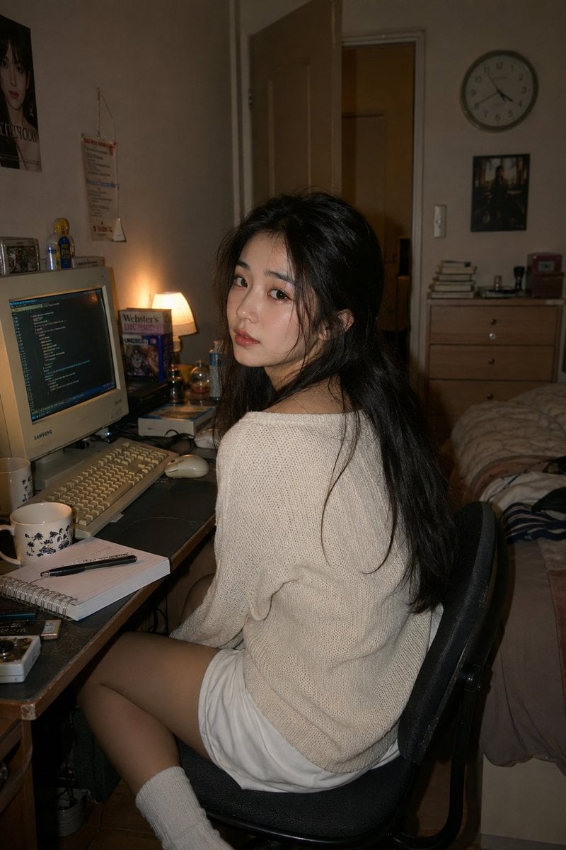 A photorealistic lifestyle portrait of a young East Asian woman seated casually at a retro computer workstati…