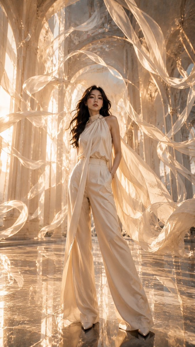 An ultra-premium high-fashion editorial portrait of a beautiful young East Asian woman with long, naturally w…