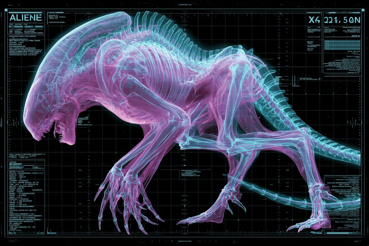 An X-ray scan of a [Subject], bones and internal structures glowing in neon cyan and soft magenta against a m…