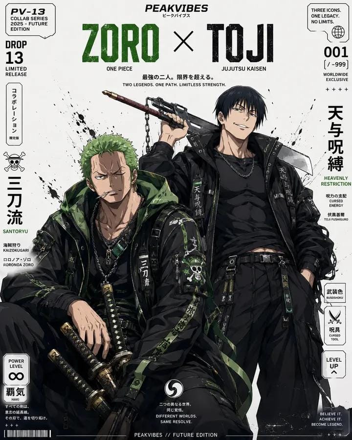 Ultra-detailed anime streetwear crossover poster design, premium hype…