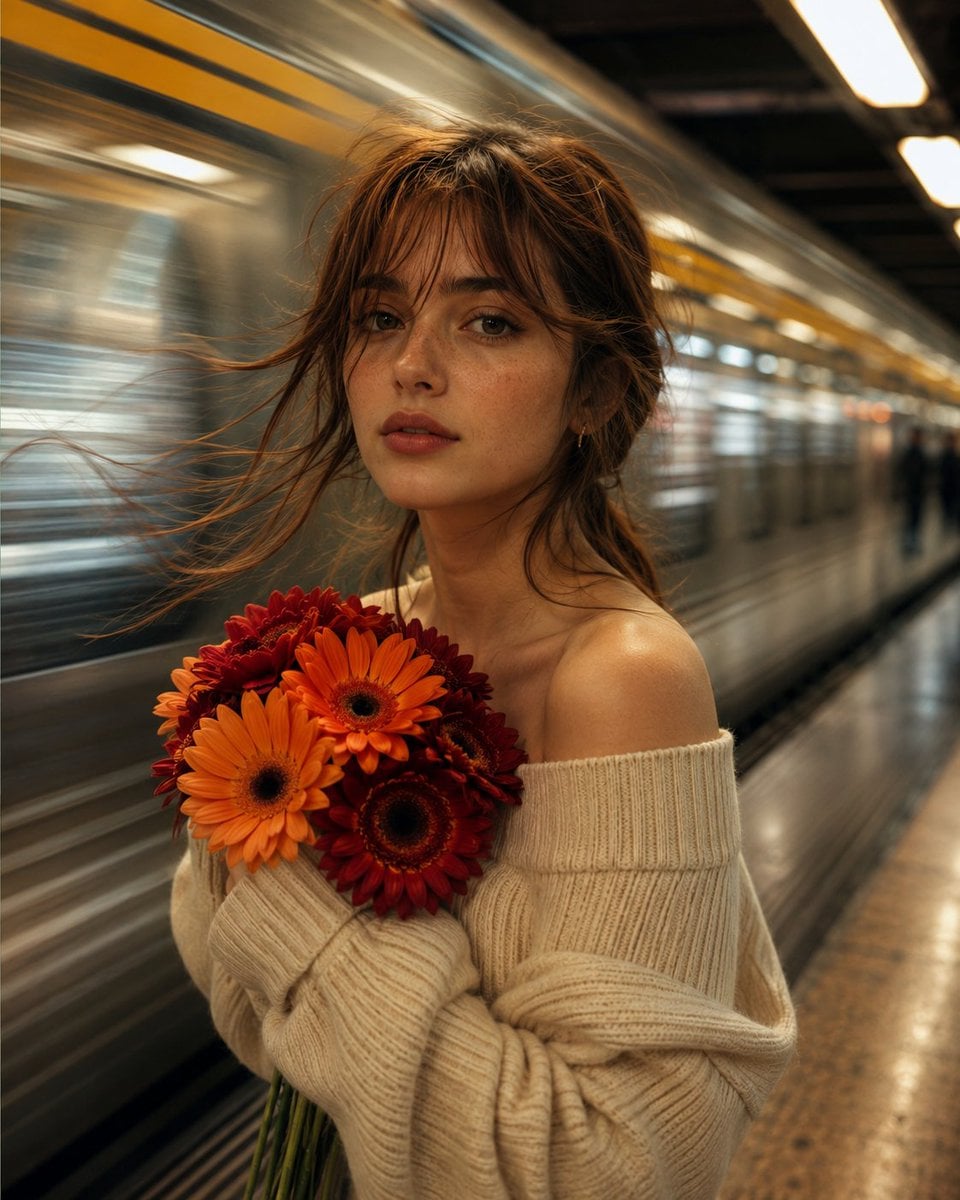 A cinematic, ultra-realistic, high-fidelity portrait of a young woman standing perfectly still on a subway pl…