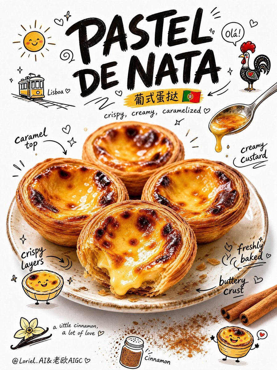 Create an ultra-premium playful food poster for Portuguese egg tart,…