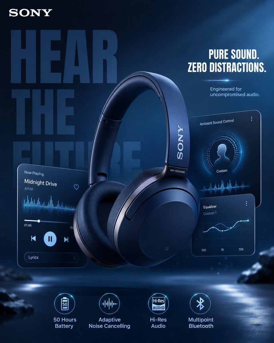 1. Sony Headphones, Midnight Blue Theme: Ultra-realistic premium comm…