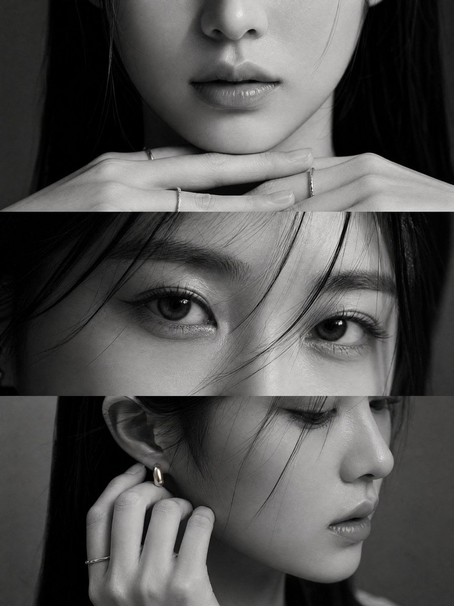 Elegant black-and-white studio editorial of a young Korean woman, vertical 3:4 layout in three panels, minima…