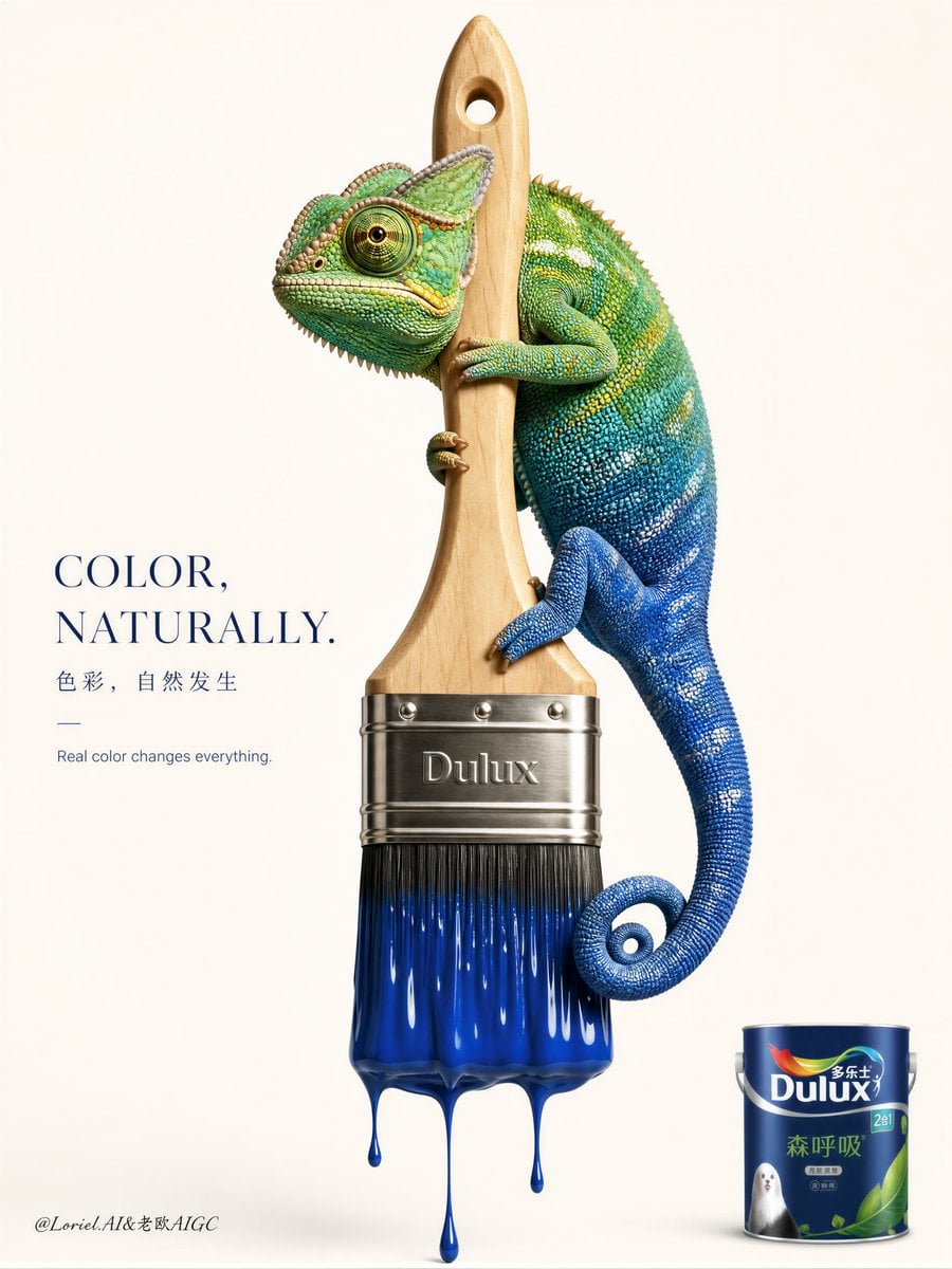 Create an ultra-premium editorial advertising poster for Dulux, cente…
