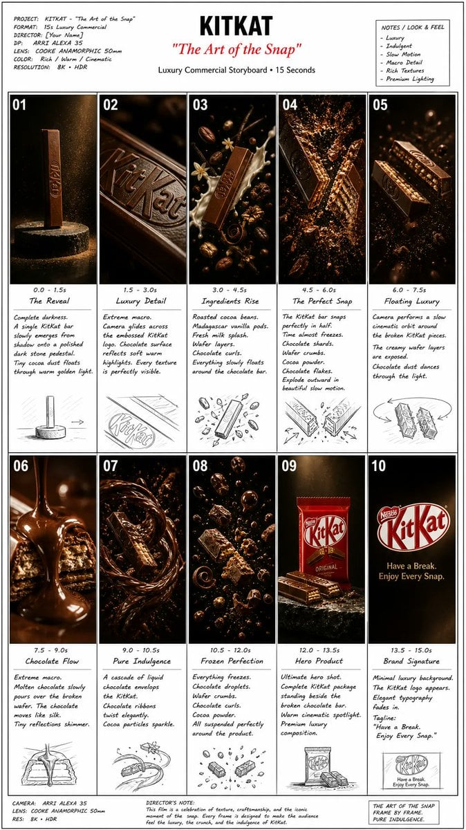 Create one professional commercial storyboard presentation showing 10…
